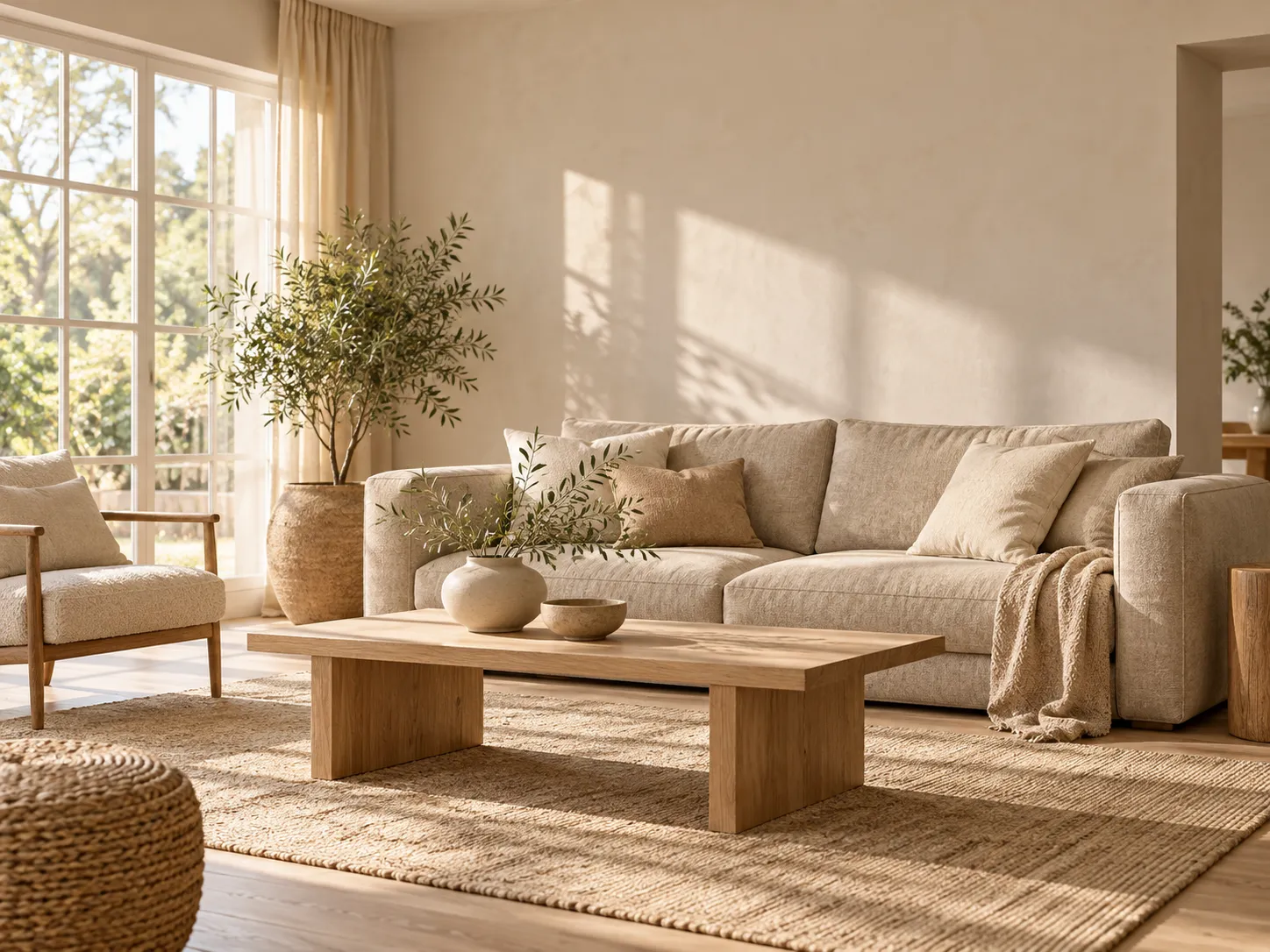 Sala luminosa con sofá de lino, mesa de centro de madera y jarrones de cerámica
